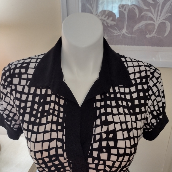 Chaps XL Black Ivory Abstract Classic Collared Short Sleeve Belted Shirt Waist - Picture 3 of 11